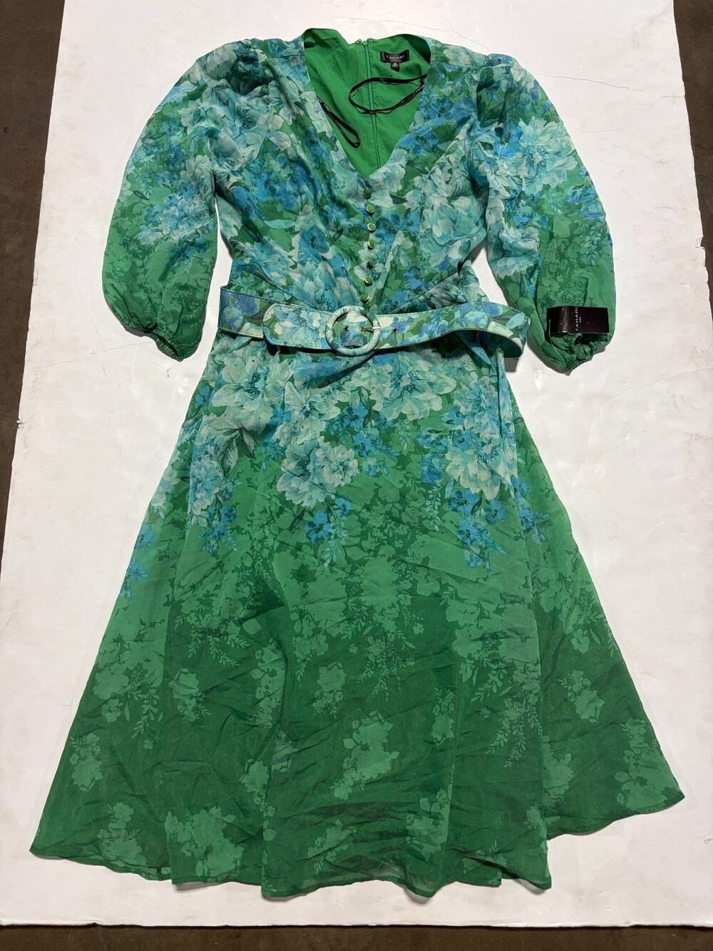 Tahari ASL Green Blue Floral Belted Midi Dress Women's 16 Long Sleeve V-Neck NWT